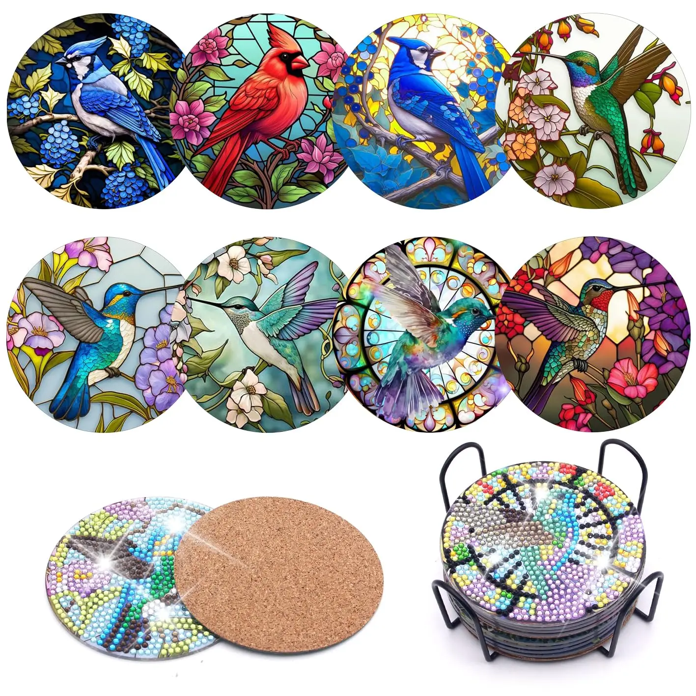 Art Craft Cup - 8Pcs DIY Diamond Painting Coaster Hummingbird