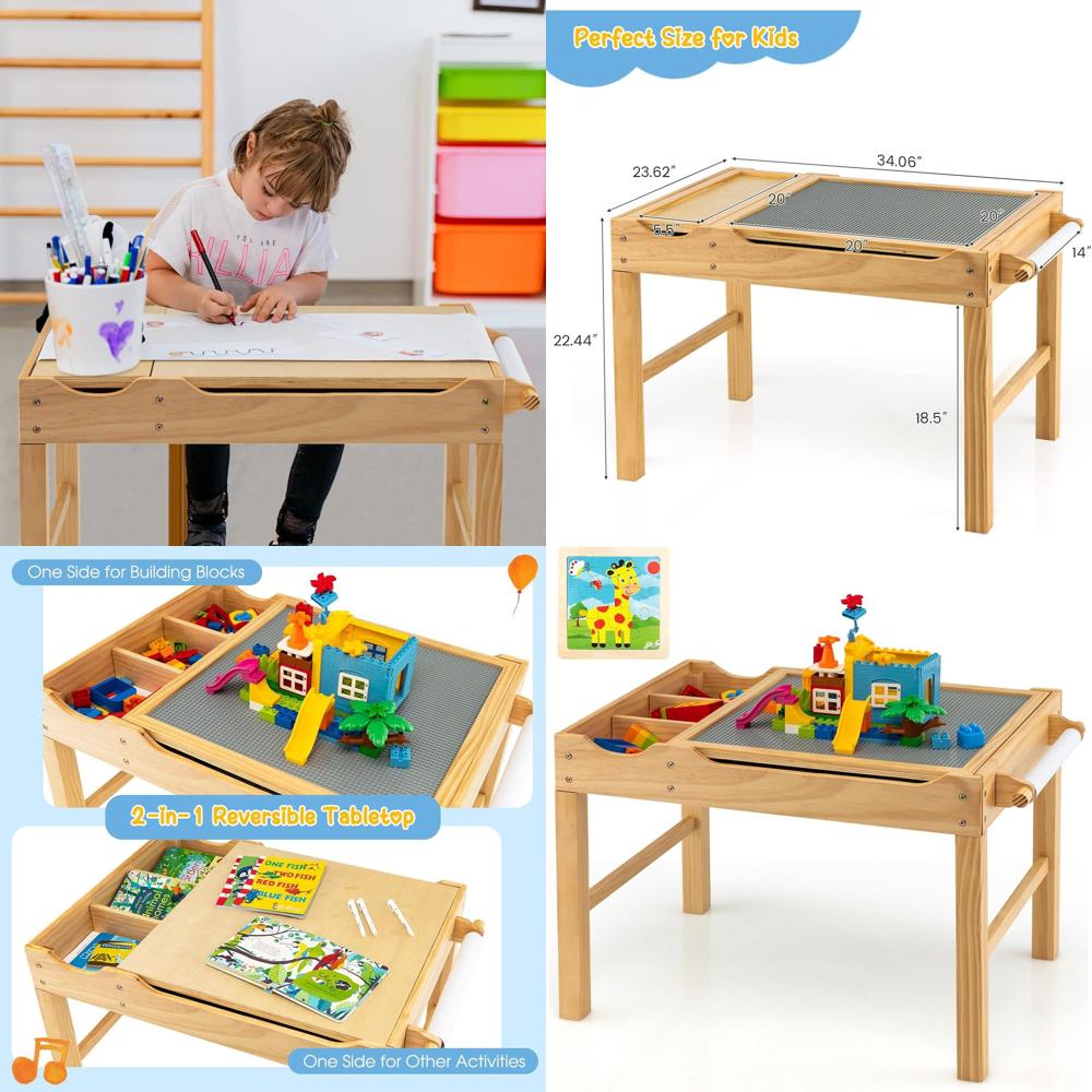 Art Craft Building - 3-in-1 Wooden Building Block Desk with